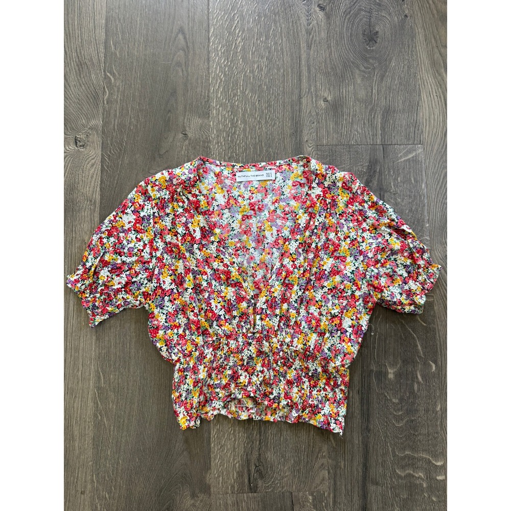Faithfull The Brand Floral Crop Top Size S Multicolor Smocked Waist Rayon EUC
